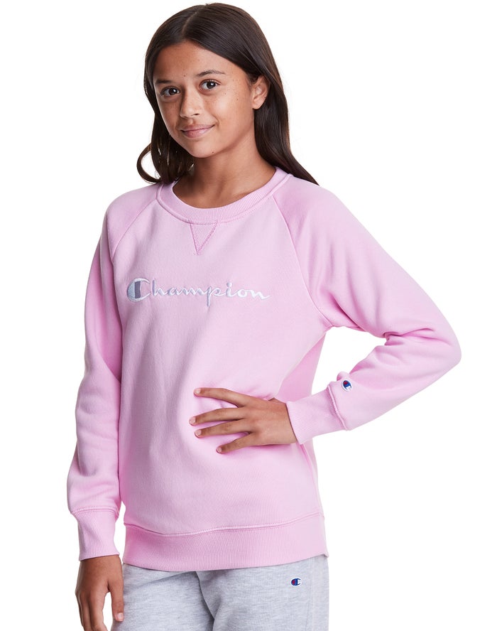 Champion Pige Hættetrøje Lyserød - Fleece Crew Script Logo - Danmark CVS-296178